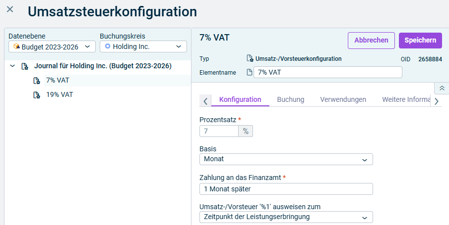 Der Dialog für die Umsatzsteuerkonfiguration wird angezeigt.