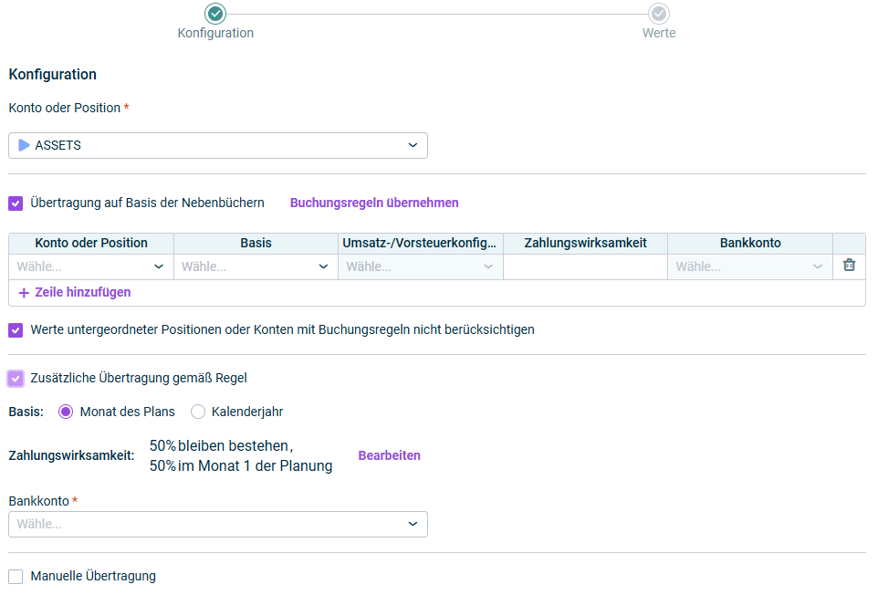 Der erste Schritt zum Konfigurieren eines Assistenten für die Übertragung des Ist-Saldos in den Plan wird angezeigt.