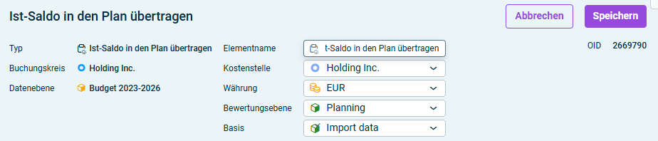 Der Abschnitt mit den allgemeinen Eigenschaften eines Assistenten für die Übertragung des Ist-Saldos in den Plan wird angezeigt.
