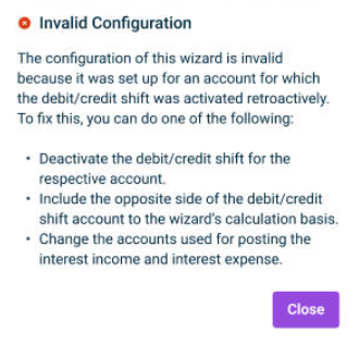 Shows the error message that is displayed for a current account interest wizard in case of an invalid configuration