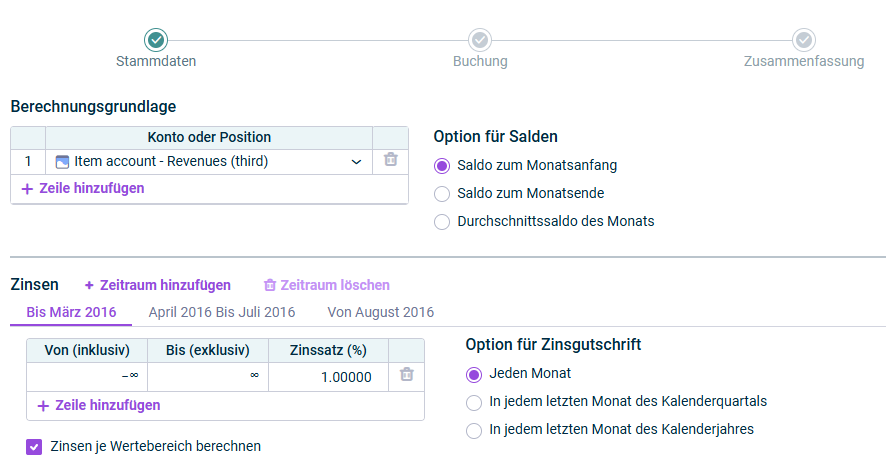 Der erste Schritt in der Konfiguration für die Kontokorrentverzinsung 'Stammdaten' wird angezeigt.