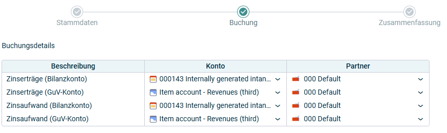 Der zweite Schritt in der Konfiguration für die Kontokorrentverzinsung 'Buchung' wird angezeigt.