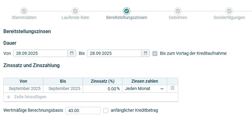Der Schritt 'Bereitstellungszinsen' einer Kreditkonfiguration wird angezeigt.