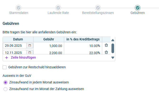 Der Schritt 'Gebühren' einer Kreditkonfiguration wird angezeigt.