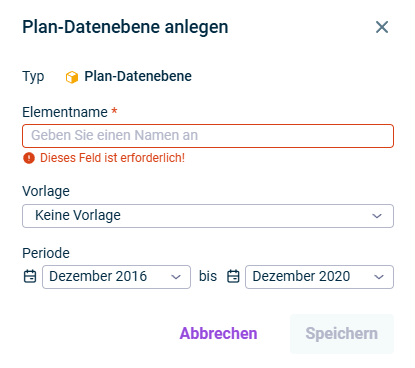 Der Dialog zum Anlegen einer Plan-Datenebene wird angezeigt.