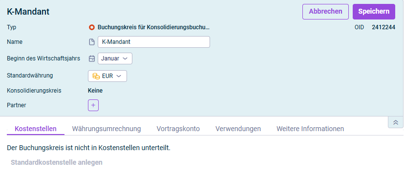Der Dialog zum Bearbeiten eines Buchungskreises für Konsolidierungsbuchungen wird angezeigt.