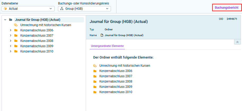 Zeigt ein Journal an. Rot hervorgehoben ist der Befehl „Buchungsbericht“