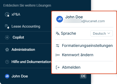 Der Bereich „Benutzerkonto“ am unteren Rand des Hauptmenüs bei geöffnetem Kontomenü mit den Optionen für Benutzername, E-Mail-Adresse, Sprachauswahl, Formatierungseinstellungen, Kennwort ändern und Abmelden