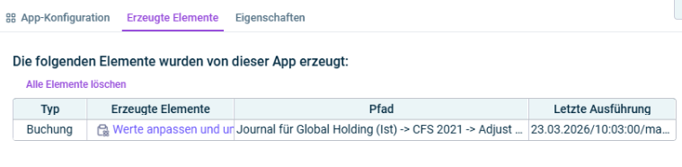 Hier wird der Reiter 'Erzeugte Elemente' angezeigt.