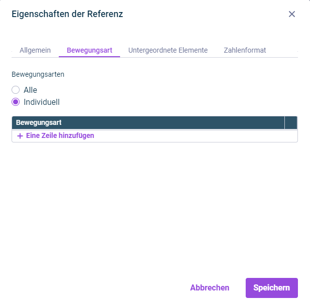 Der Reiter 'Bewegungsart' wird im Dialog 'Eigenschaften der Referenz' angezeigt.