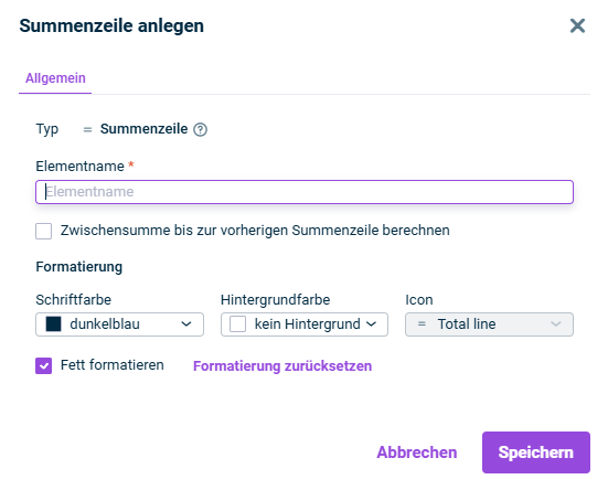 Der Dialog 'Summenzeile anlegen' wird angezeigt.