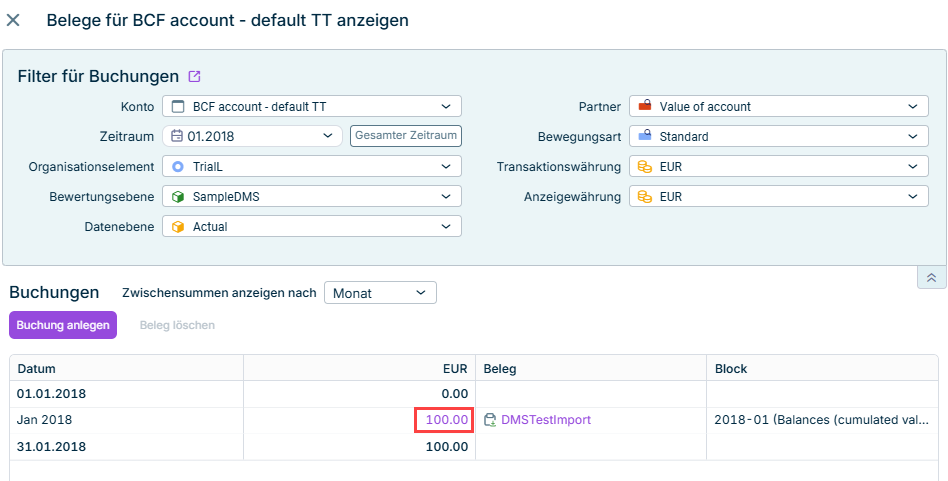 Dialog 'Belege anzeigen' mit dem angeklickten Wert in der Spalte EUR sowie der verlinkten Buchung und deren Periode in den Spalten Buchung und Block