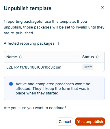 Der Bestätigungsdialog 'Veröffentlichung der Formularvorlage aufheben' wird angezeigt und listet die betroffenen Reporting-Packages und ihren Status auf.
