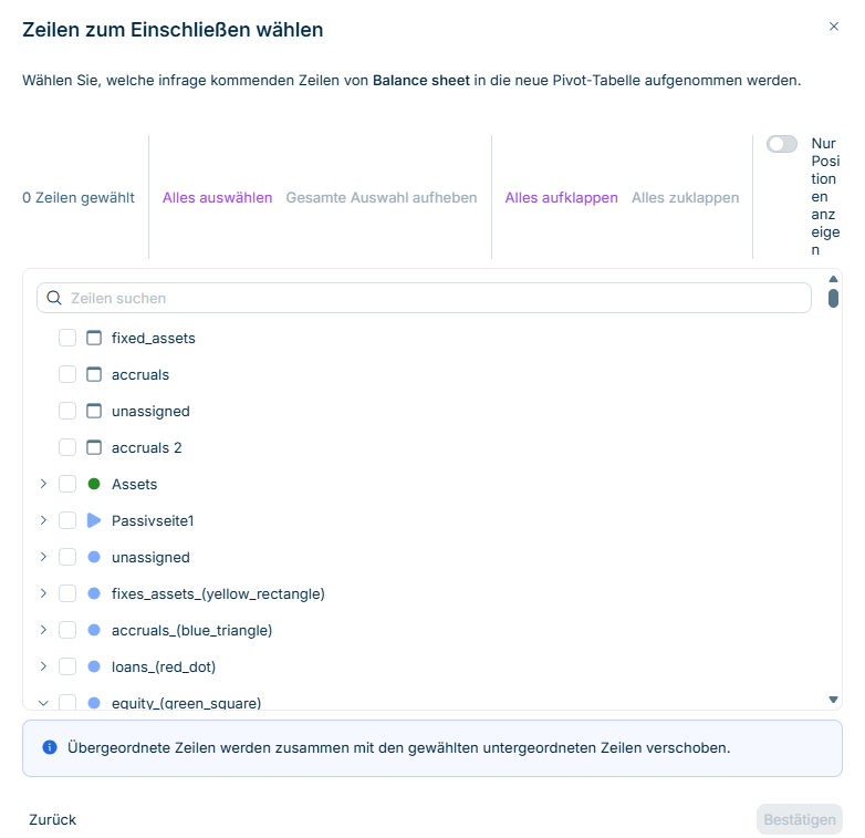 Der Dialog 'Zeilen zum Einschließen wählen' wird angezeigt.
