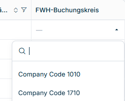 Spalte „FWH-Buchungskreis“ mit einer Dropdown-Liste, in der die verfügbaren Buchungskreise zur Verknüpfung angezeigt werden