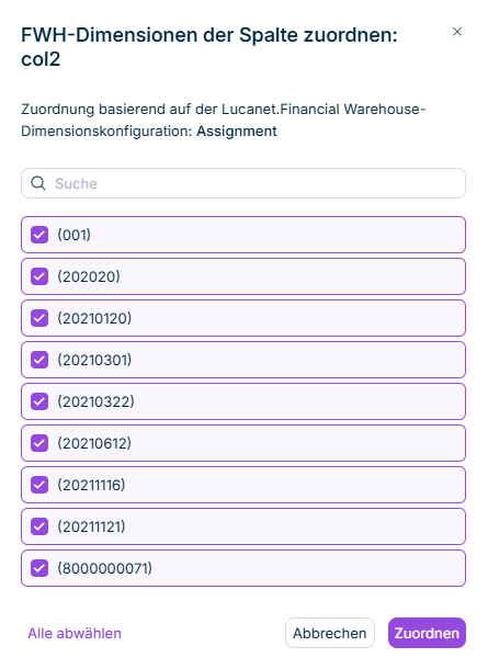 Der Dialog 'FWH-Dimensionen der Spalte zuordnen' wird angezeigt.