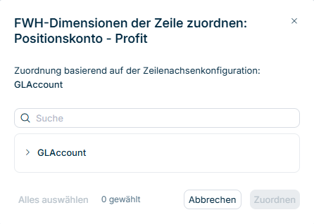 Dialog 'FWH-Dimensionen der Zeile zuordnen' wird angezeigt.