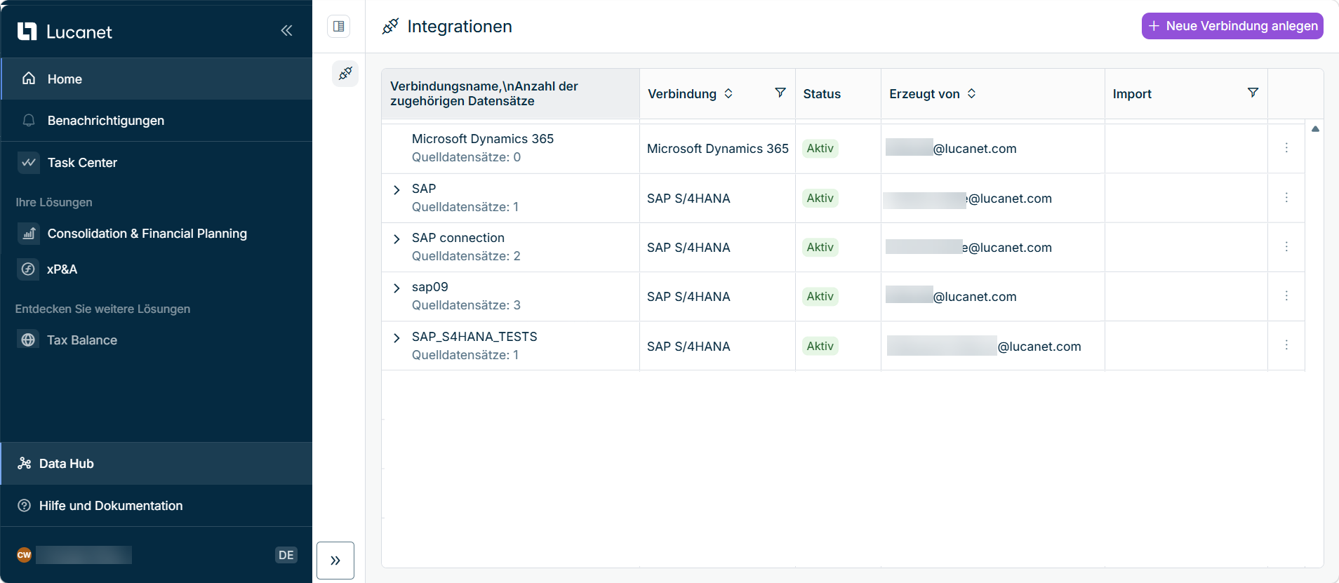 Data-Hub-Seite „Integrationen" mit Verbindungen und ihren zugehörigen Quelldatensätzen