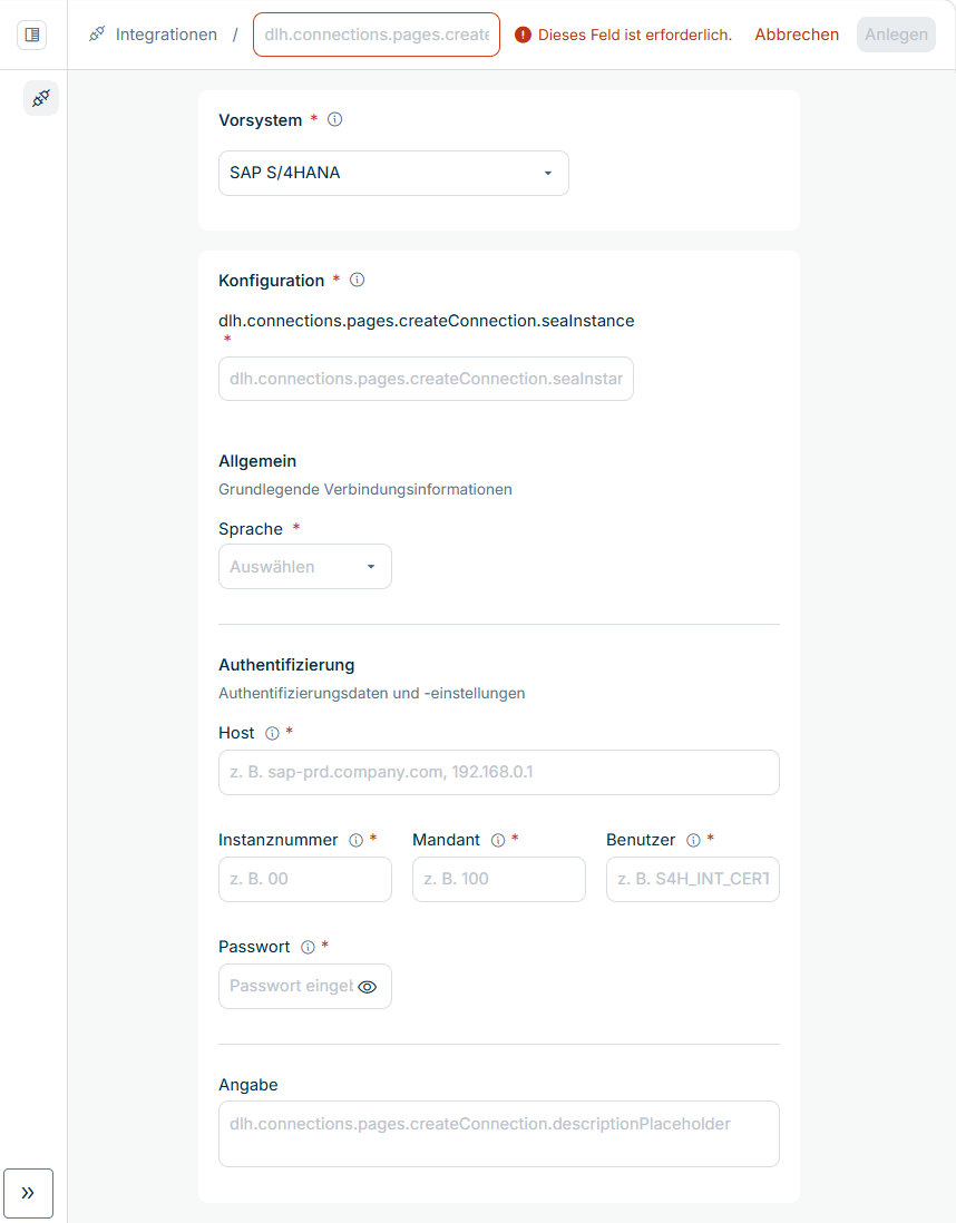 Verbindungseinstellungen für eine SAP-S/4HANA-Verbindung