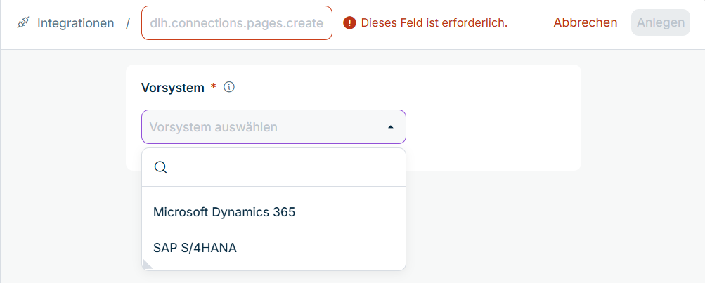 Das Verbindungsformular mit dem Feld für den Verbindungsnamen und der geöffneten Drop-down-Liste „Vorsystem" mit Microsoft Dynamics 365 und SAP S/4HANA