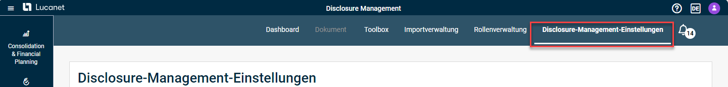 Der Screenshot zeigt die Menüleiste des Disclosure Managements. Der Link zu den Dislosure-Management-Einstellungen in der Menüleiste ist hervorgehoben.