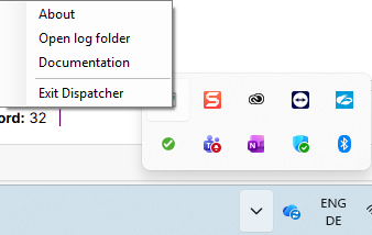 Kontextmenü des Dispatcher im System Tray von MS Windows