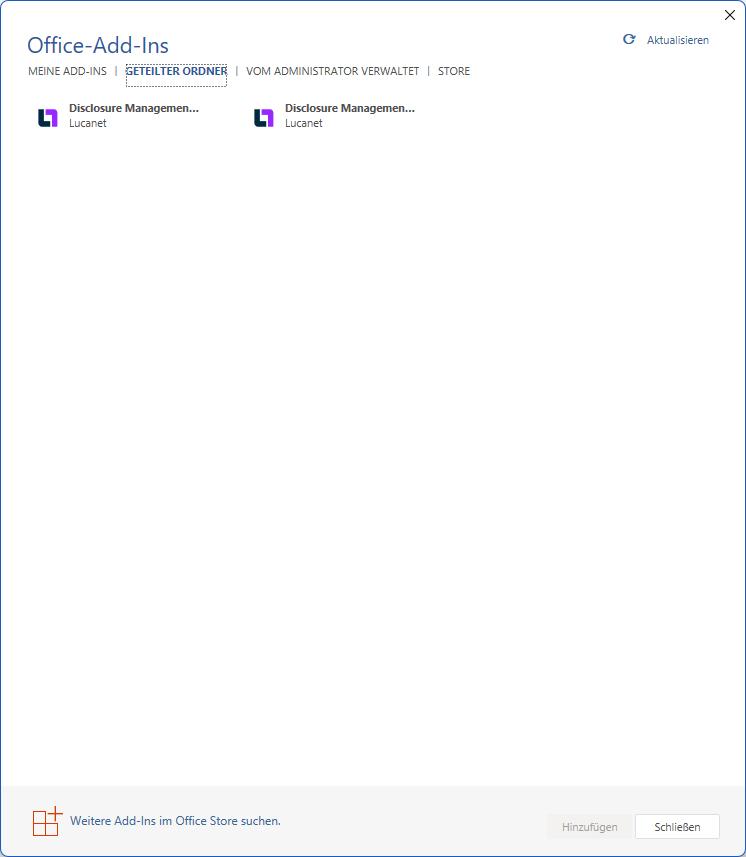 Dialog 'Office-Add-Ins' in MS Word mit der Registerkarte 'Geteilter Ordner' und den bereitgestellten Manifestdateien