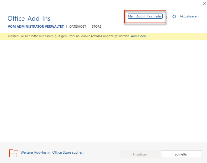 Dialog 'Office-Add-Ins' auf der Registerkarte 'Vom Administrator verwaltet' mit hervorgehobenem Link 'Mein Add-In hochladen'