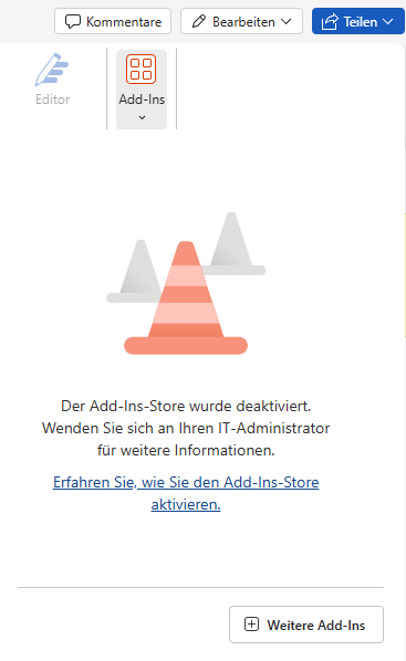 Word for the Web mit geöffnetem Add-Ins-Bereich und der Schaltfläche 'Weitere Add-Ins'