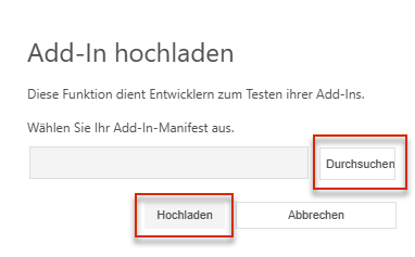 Dialog 'Add-In hochladen' mit den Schaltflächen 'Durchsuchen' und 'Hochladen'