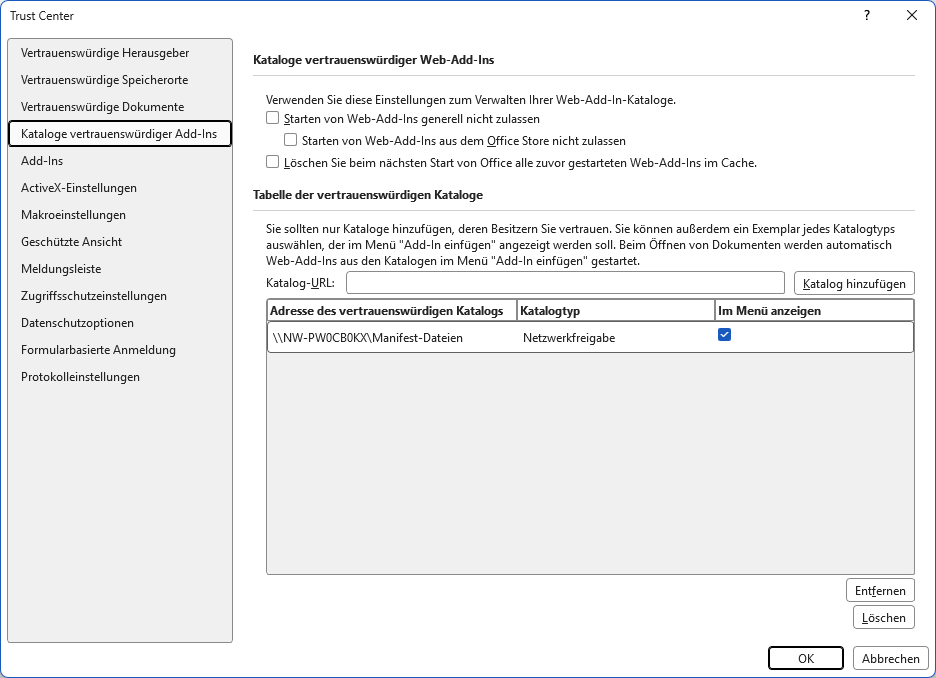 Trust Center von MS Word mit der Seite 'Kataloge vertrauenswürdiger Add-Ins' und einem als Netzwerkfreigabe hinzugefügten Katalog