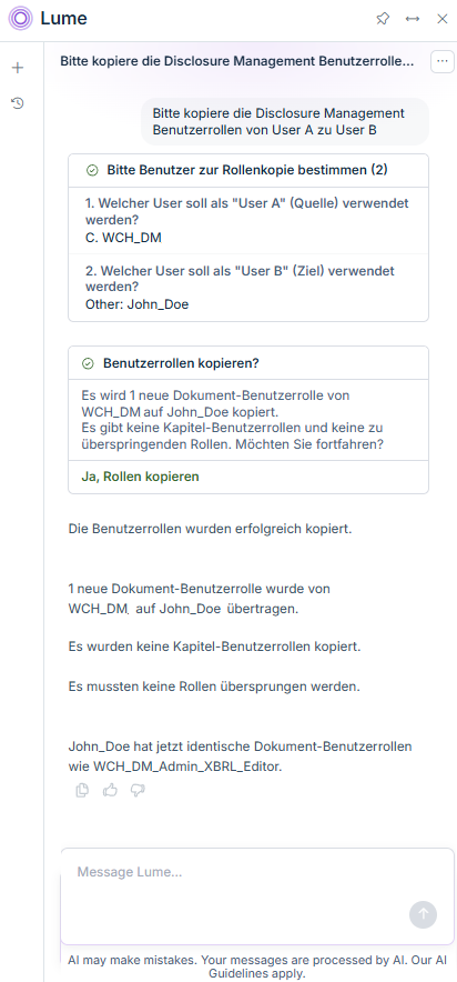 Unterhaltung mit Lucanet Lume zum Übertragen von Benutzerrollen zwischen zwei Benutzern.