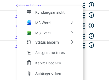 Der Screenshot zeigt einen Ausschnitt aus dem Cockpit. Das Kontextmenü zu einem Kapitel ist geöffnet.