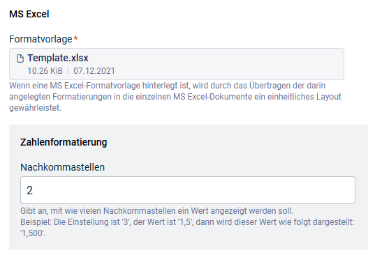 Dialog 'MS Excel' mit den Einstellungen für Formatvorlage und Zahlenformatierung