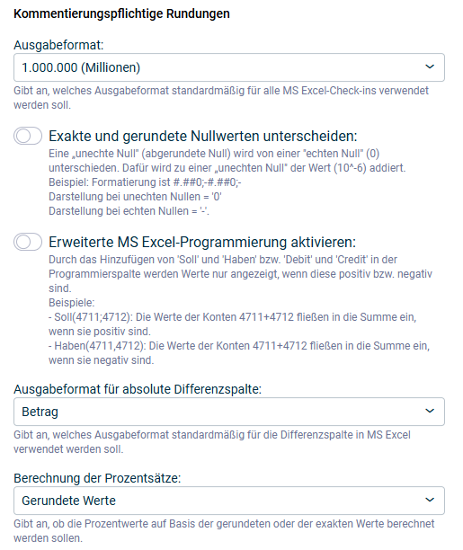 Dialog 'Kommentierungspflichtige Rundungen' mit den Einstellungen für Darstellung und Programmierung von Werten in MS Excel