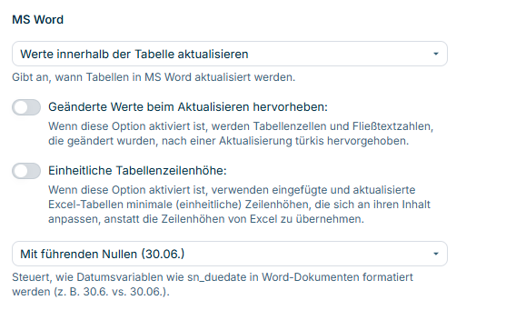 Dialog 'MS Word' mit den Einstellungen für MS-Word-Dokumente