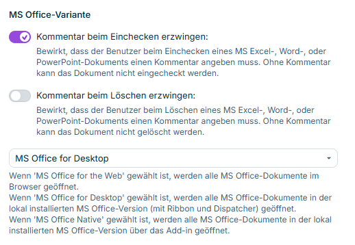Dialog 'MS Office' mit den Einstellungen für MS Office-Dokumente