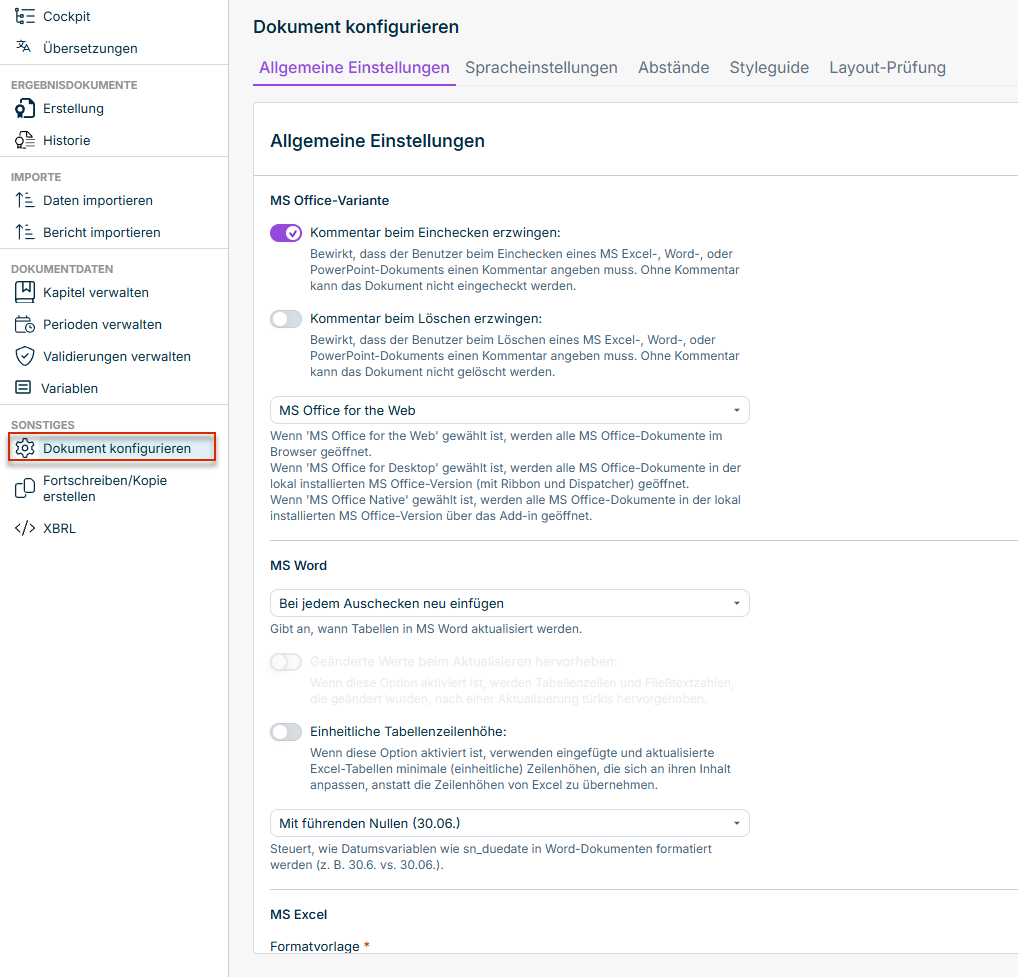 Arbeitsbereich 'Dokument konfigurieren'