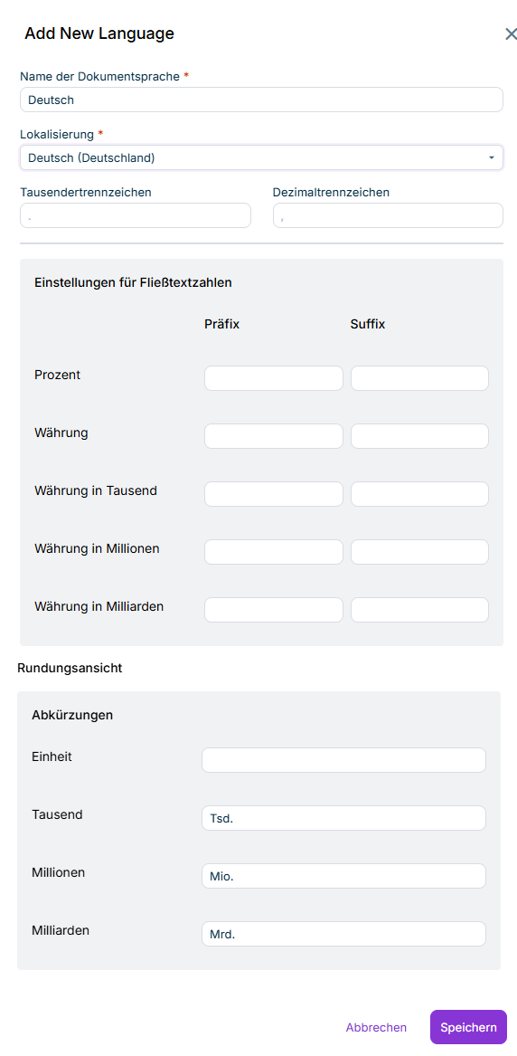 Einstellungen für eine neue Dokumentsprache konfigurieren