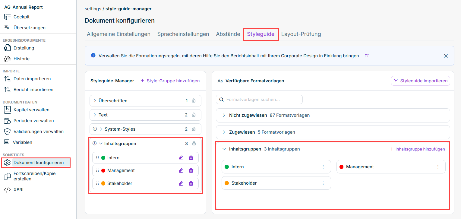 Bereich 'Inhaltsgruppen' im Styleguide-Manager mit den Inhaltsgruppen 'Intern', 'Management' und 'Stakeholder'