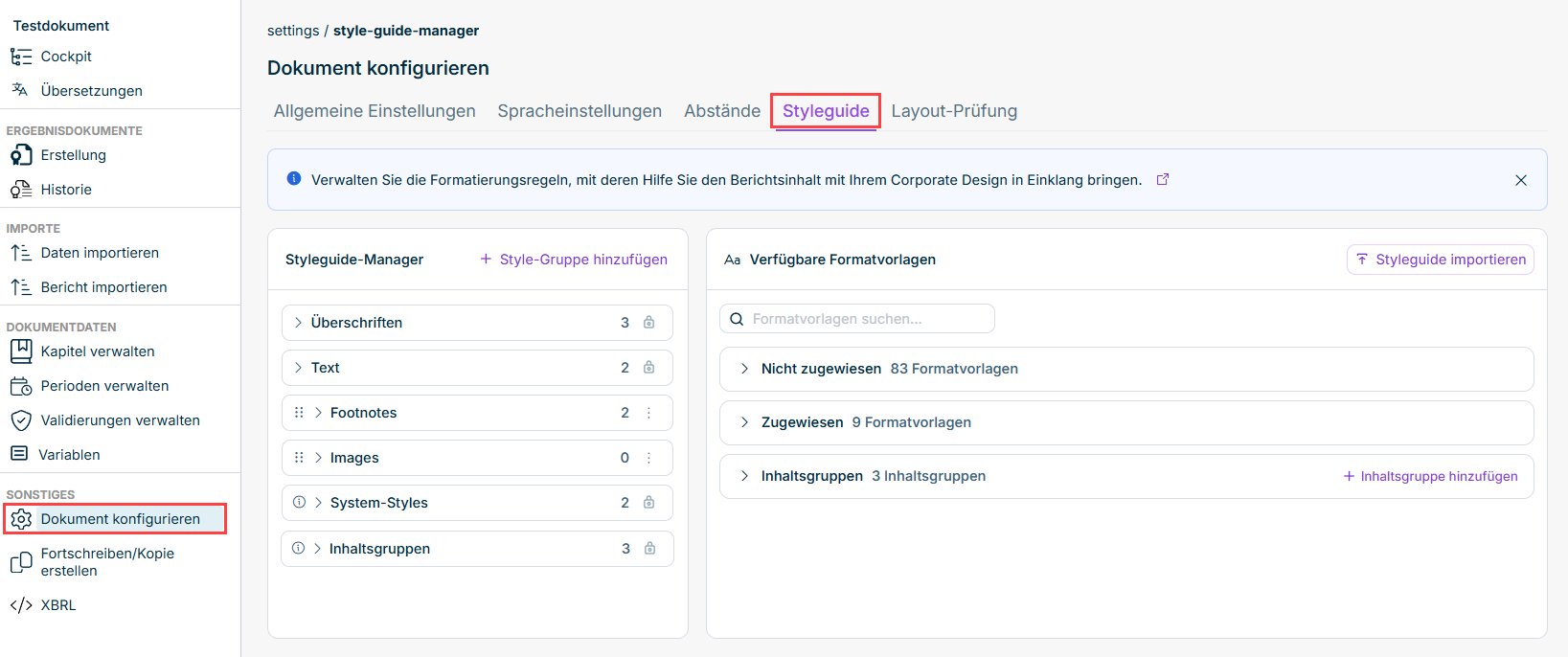 Reiter 'Styleguide' im Arbeitsbereich 'Dokument konfigurieren''