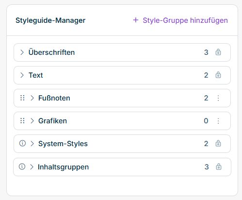 Anzeige der Gruppen im Styleguide-Manager