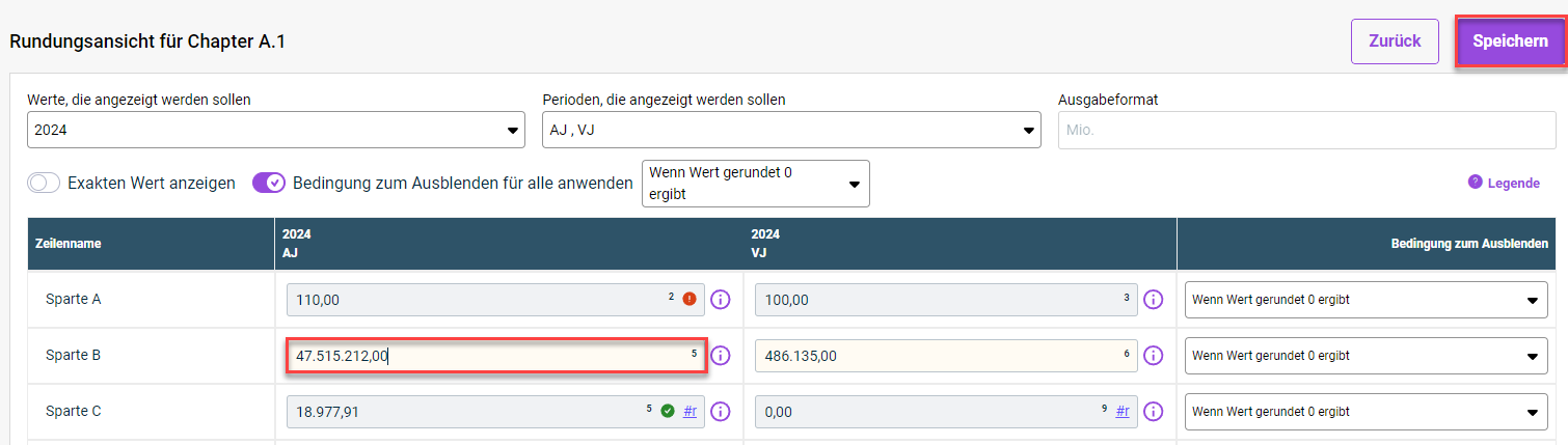 Gezeigt wird die Rundungsansicht für ein Dokument. Hervorgehoben werden eine gelb hinterlegte Zelle, in der der Wert direkt bearbeitet werden kann, und die Speichern-Schaltfläche