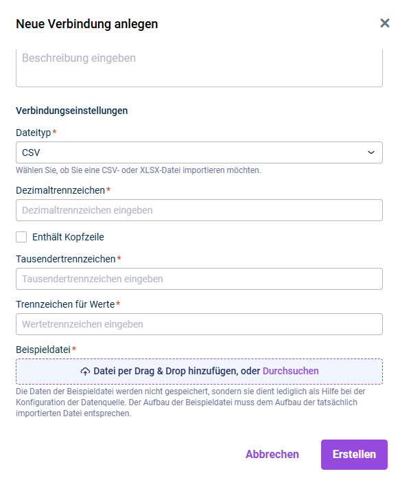 Zeigt die Eingabefelder für die Konfiguration der spezifischen Einstellungen für eine Verbindung zu einer CSV-Datei