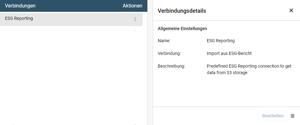 Zeigt die Standardverbindung zum Import aus dem Lucanet ESG Reporting die standardmäßig angelegt ist und nicht bearbeitet werden kann.