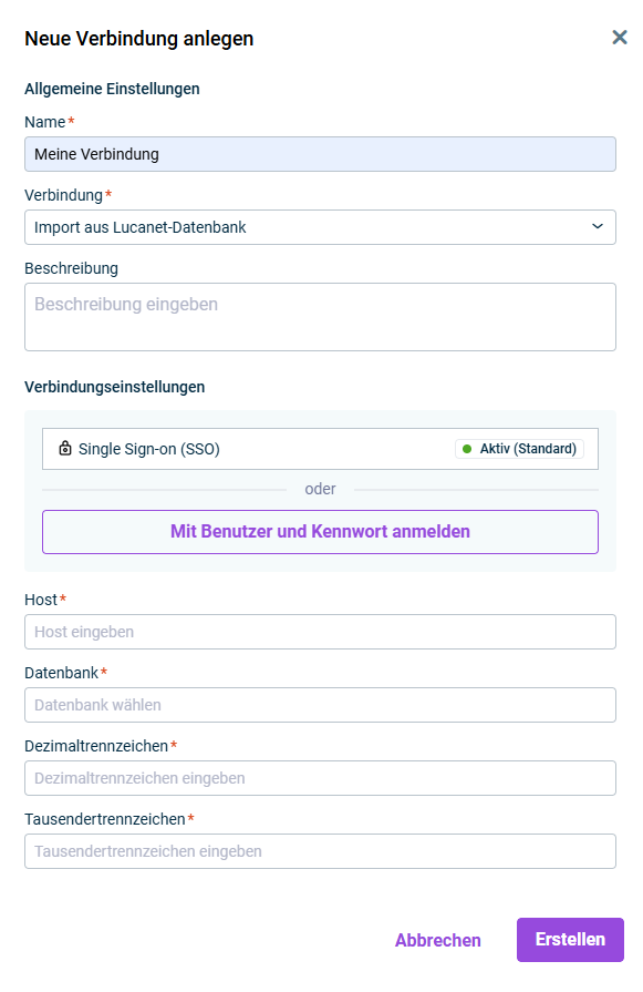 Zeigt die Eingabefelder für die Konfiguration der spezifischen Einstellungen für eine Verbindung zu einer Lucanet-Datenbank