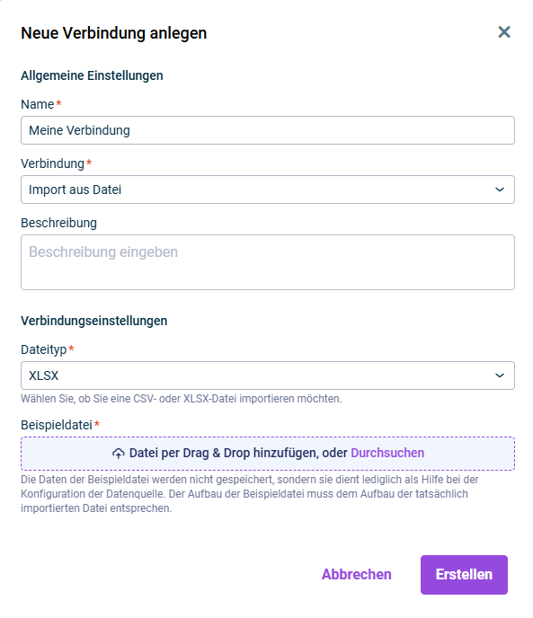 Zeigt die Eingabefelder für die Konfiguration der spezifischen Einstellungen für eine Verbindung zu einer XLS-Datei