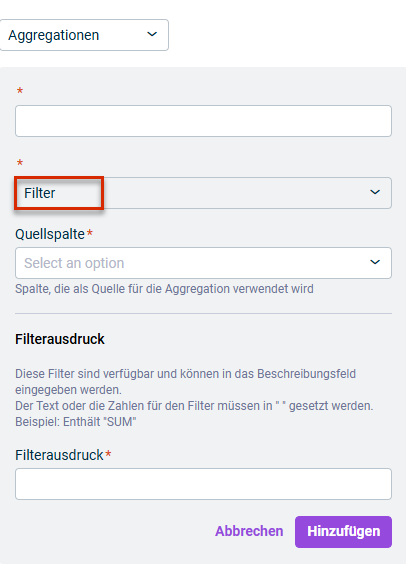Zeigt die Eingabefelder für die Konfiguration der Aggregation vom Typ Filter. Der zu wählende Aggregationstyp ist rot umrandet.