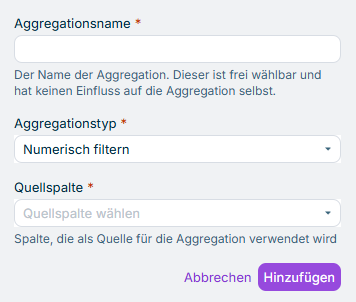 Zeigt die Eingabefelder für die Konfiguration der Aggregation vom Typ Numerisch filtern. Der zu wählende Aggregationstyp ist rot umrandet.