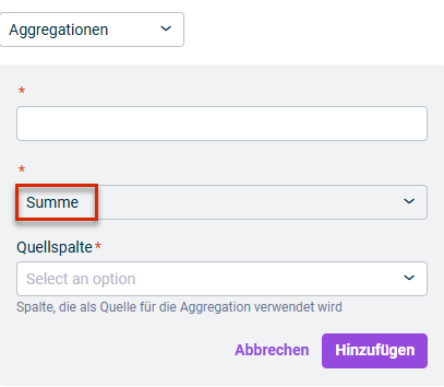 Zeigt die Eingabefelder für die Konfiguration der Aggregation vom Typ Sum. Der zu wählende Aggregationstyp ist rot umrandet.